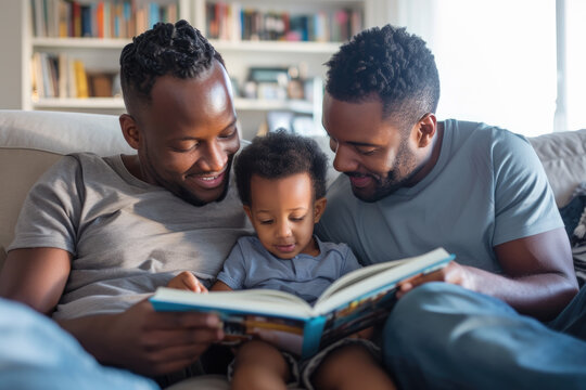 Two African American Fathers Reading Book with Child at Home - Powered by Adobe