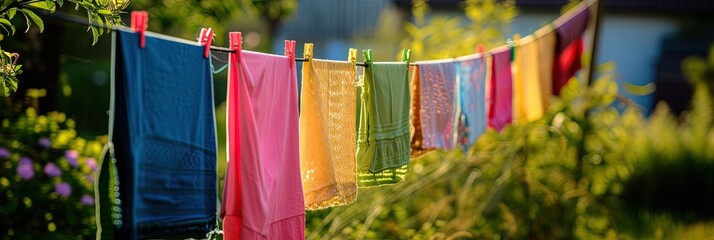 Colorful clothing hanging on clothesline outdoors in the yard to dry