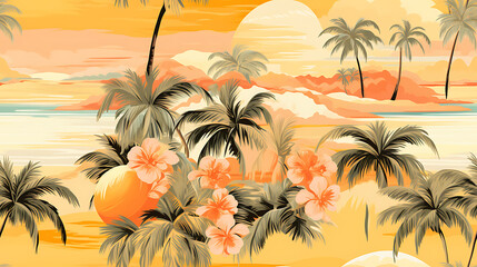 Fototapeta na wymiar Tropical seamless pattern with oranges, palms and coconuts, - Seamless tile. Endless and repeat print.