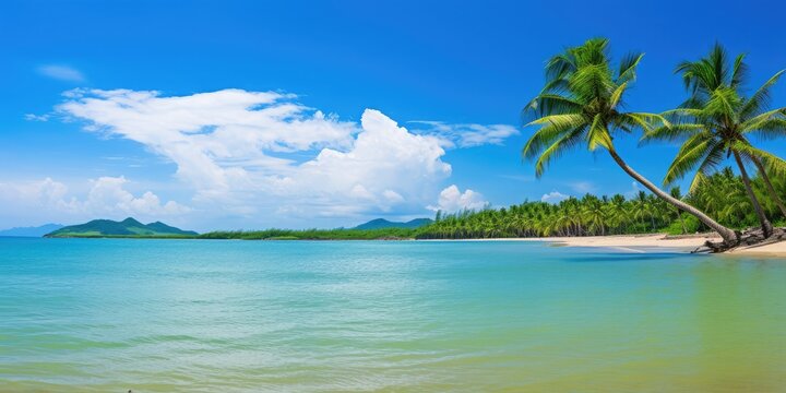 There are many tall coconut trees on the beach of Hainan Island, and the last ray of sun shines on the beach,