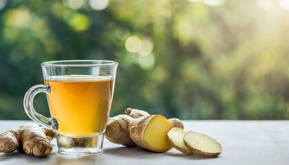 Ginger tea in a glass cup with fresh ginger root on a blurred background