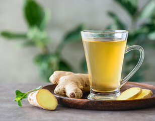 Ginger tea in a glass cup with fresh ginger root on a blurred background