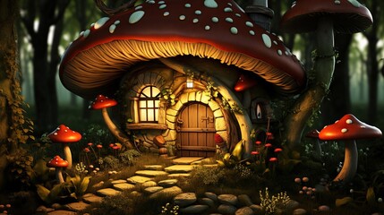 an image of mushroom house in the woods