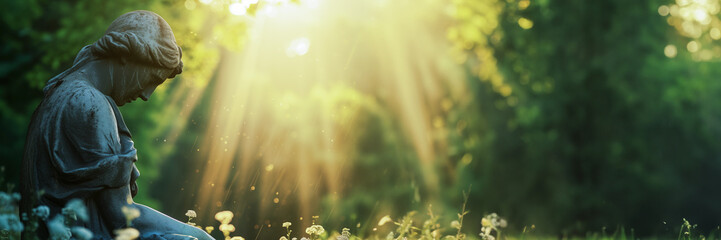 Sad woman statue with copy space, funeral services, grief, sorrow and mourning web banner