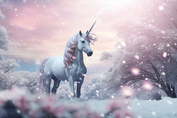 Winter Wonderland with Unicorn pegasus in the Snow surrounded by glistening snowflakes