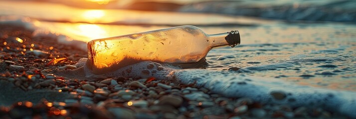 Glass bottle on the beach with a cork ready to send a message into the great blue ocean sea