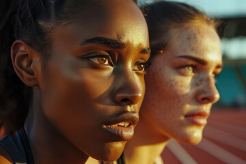 Fototapeta premium Focused Determination of Female Athletes at Sunset