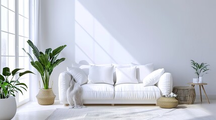 Elegant Interior, Modern White Living Room with Sofa and Plant