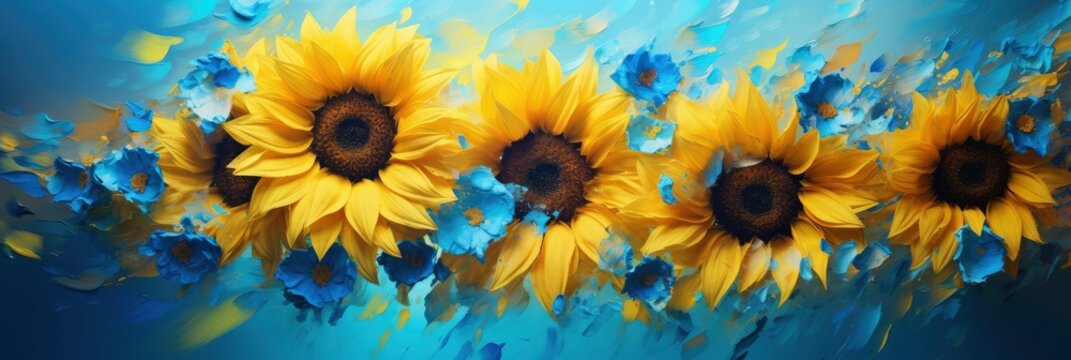 Sunflower Painted Blue Yellow Petals Lies, Background Image, Background For Banner, HD