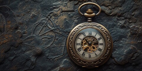 Pocket watch on solid background with copy space banner for timing, time, new years, and more
