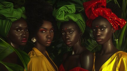 beautiful melanin queens representing black history month, green, red, yellow and black colors - obrazy, fototapety, plakaty