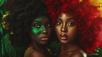 beautiful melanin queens representing black history month, green, red, yellow and black colors - obrazy, fototapety, plakaty