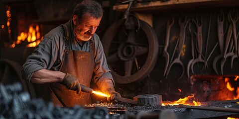 Blacksmith working on artisanal metal designs in a modern smithing and metalworking shop - obrazy, fototapety, plakaty