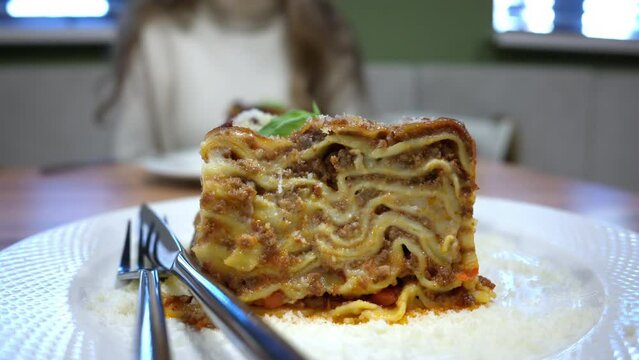 Italian lasagna bolognese with beef sauce close up