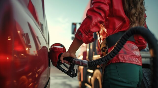 Woman refuels a vibrant red car or truck's gas tank, showcasing independence and responsibility in maintaining her vehicle on the road
