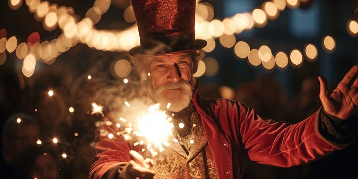 Male magician wearing a suit and top hat performing illusions and tricks