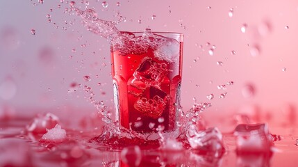 Cinematic macro shot of a transparent glass filled with red juice and ice splashing into the glass. Composition, red juice.