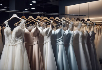 Photograph of elegant wedding dresses hanging on hangers in a luxury store, wedding dress in the showroom of a bridal boutique, preparing the bride for the wedding - obrazy, fototapety, plakaty
