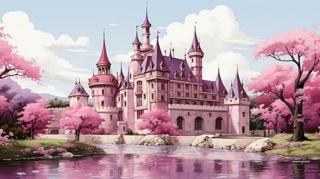 an image of a beautiful castle with pink trees