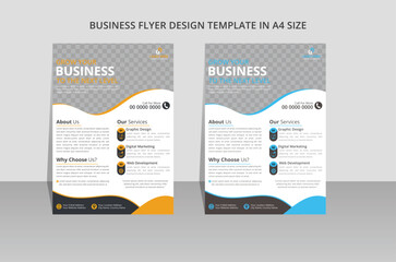 modern creative business flyer design template with trend 2 colors. Double A4 size flyer and brochure design layout idea. vector illustration unique design navy blue and brand yellow orange.