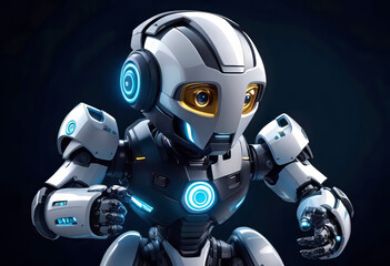 vector illustration, Adorable 3D robot character interacting with smartphone virtual interface, cyber cartoon character,
