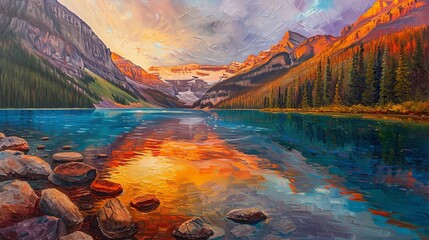 An acrylic on canvas painting depicting Lake Louise in Alberta at golden hour. - obrazy, fototapety, plakaty