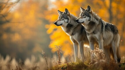 Wolves in Golden Autumn Forest