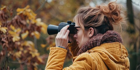 Woman looking through binoculars outdoors for birdwatching and more