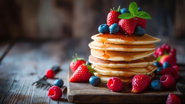 Delicious Pancake Stack Topped with Fresh Berries and Syrup