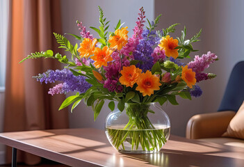 A bouquet of spring flowers in a vase on a table in the living room in the morning sun. Stylish apartment interior with blooming flowers,