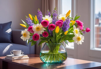 A bouquet of spring flowers in a vase on a table in the living room in the morning sun. Stylish apartment interior with blooming flowers,
