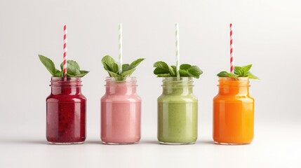 Row of healthy fresh fruit and vegetable smoothies with assorted ingredients served in glass bottles with straws isolated on transparent background.