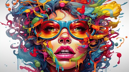 an artist paints colorful splashes on the face of a woman