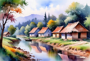 Beautiful watercolor of Indian village, houses against green forest background, watercolor painting for home, wall mural,