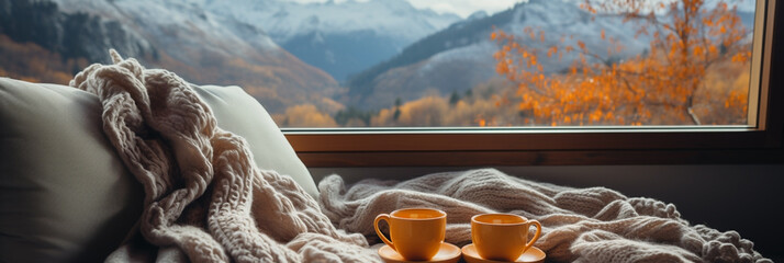 Wide panoramic closeup photo banner of view from a luxury hotel bedroom window, cozy couch with...