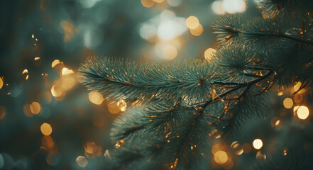 "Emerald Glow, Close-Up of Pine Tree Branches with Backlit Lights