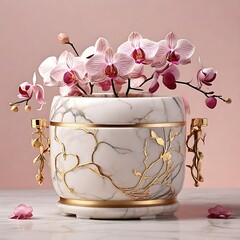 marble pot with pink flowers