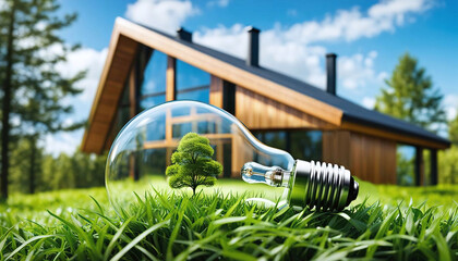 Concept d'économie d'énergie verte et de maison 
 écologique. Ampoule sur fond de nature -  IA générative - obrazy, fototapety, plakaty