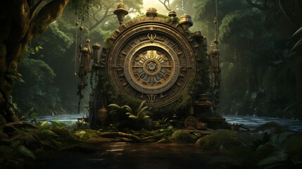 an ancient clock in a jungle surrounded by lush vegetation