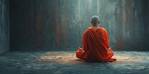 Buddhist monk in orange robes meditating in prayer for zenlike peace - obrazy, fototapety, plakaty