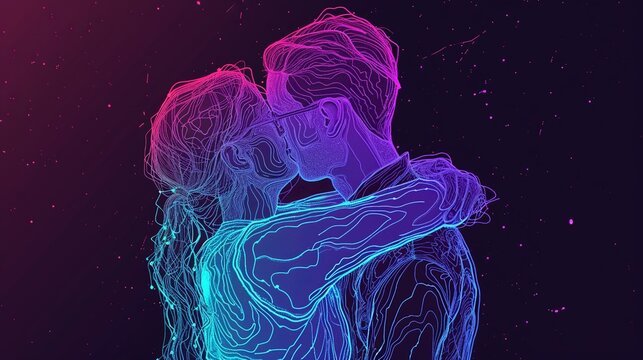 Neon Gradient Light Blue, Turquoise And Purple Art Of A Couple Holding Each Other On A Black Background With Stars. VALENTINE'S DAY