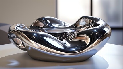 Open vinyl record player, polished metal, placed on the display table in the exhibition hall