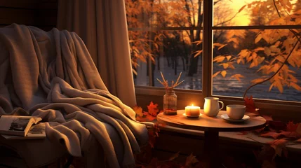 Selbstklebende Fototapeten Autumn cozy mood. Fall cozy reading nook with a blanket, bookshelf filled with autumn-themed books, and a cup of tea or hot chocolate  © Afaq
