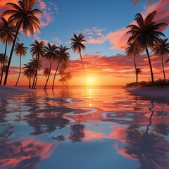 3d rendered photos of sunset with palm trees on side made with generative AI