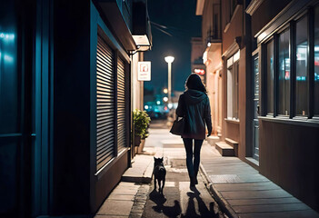 Silhouette of a young woman walking home one night through the city streets, scared by a stalker...