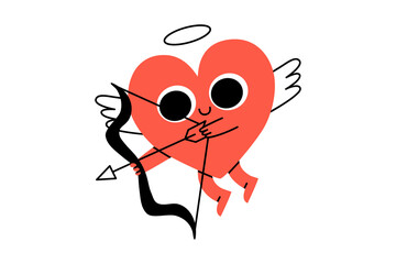 Hand drawn cute illustration heart character with halo and wings. Fall in love feeling or cupid in doodle style. Valentine's Day holiday romantic mascot with bow and arrow sticker or icon. Isolated.