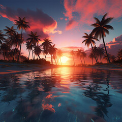 Fototapeta na wymiar 3d rendered photos of sunset with palm trees on side made with generative AI