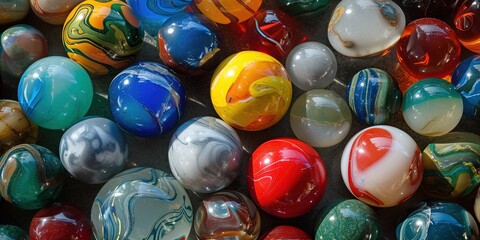 Fototapeta na wymiar Colorful glass marbles with various random designs for hobbies, toys, and recreational concepts