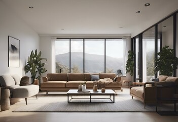 Fototapeta premium large modern living room with a view of mountains in the background