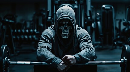 strong body skull in hoodie sitting on bench press, with big biceps at gym, flexing muscles poster style motivation, dark  - obrazy, fototapety, plakaty